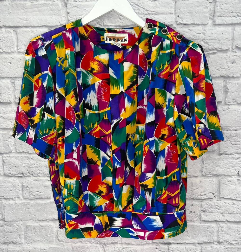 Vintage 90s Womens Short Sleeve Blouse Loud Print Size 11/12 Silky Abstract